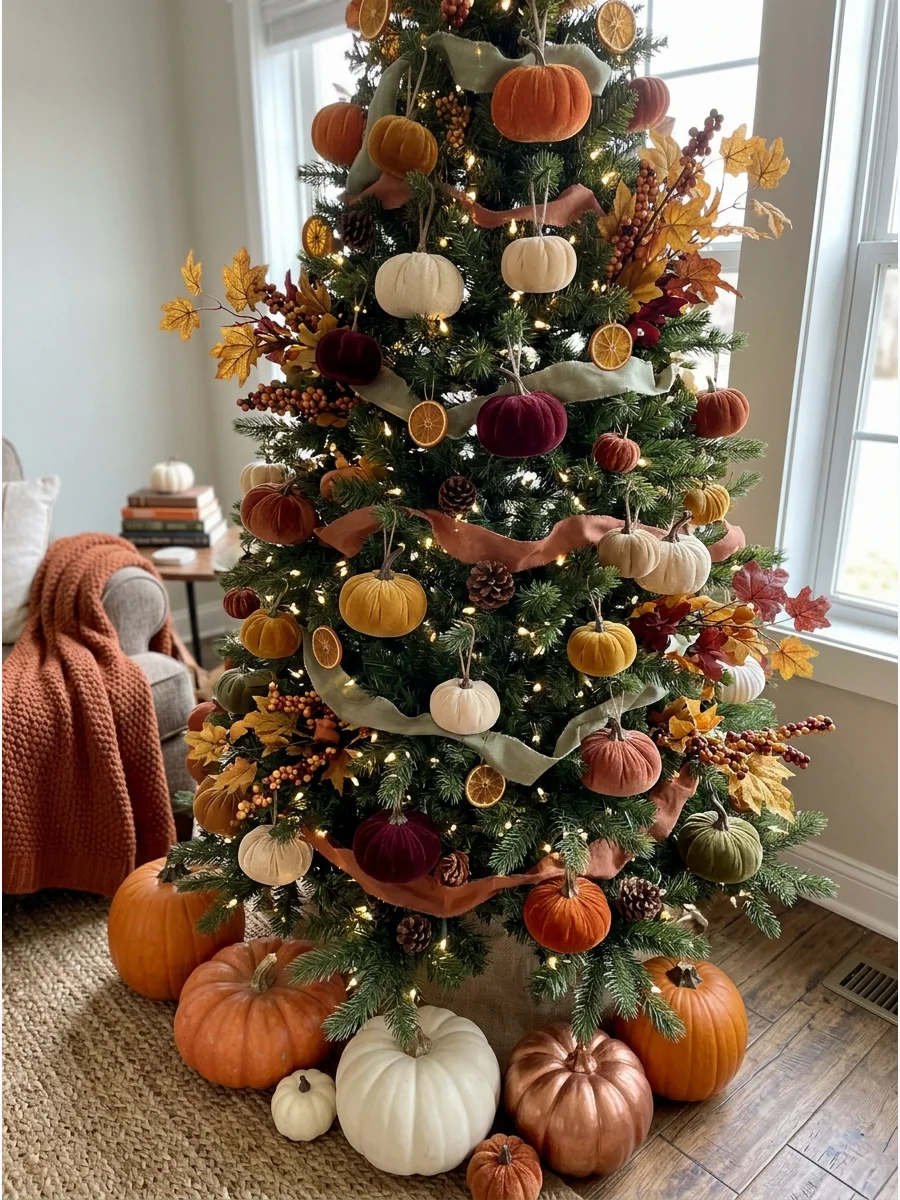 Pumpkin-Themed Fall Christmas Tree. Fill the tree with small velvet, foam, or fabric pumpkins in orange, cream, and muted green. Place some pumpkins deep inside the branches and ot