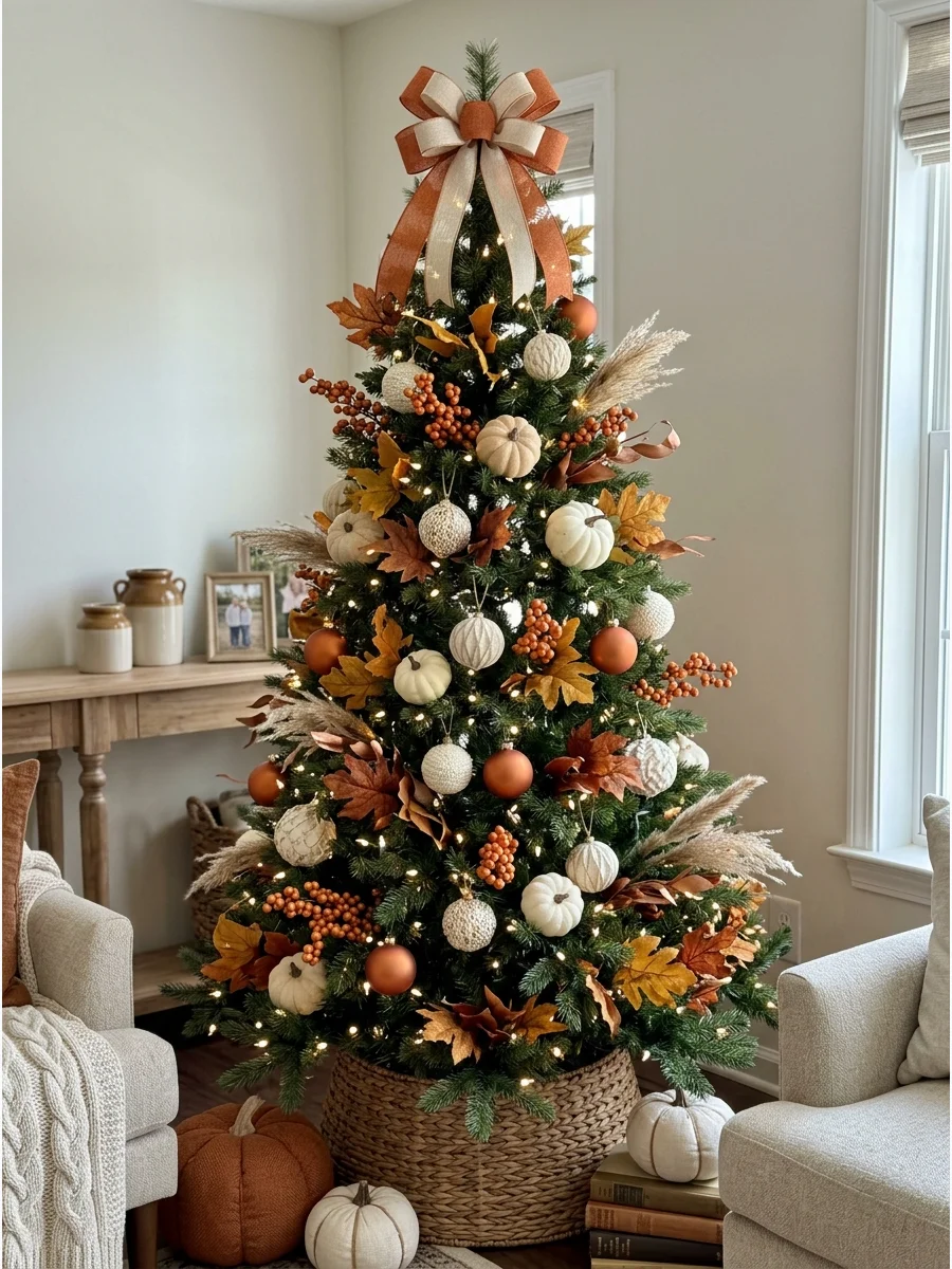 Orange and White Fall Christmas Tree. Combine orange ornaments with cream or white decorations for a bright, balanced color palette. Add white pumpkins, orange berries, fall leaves