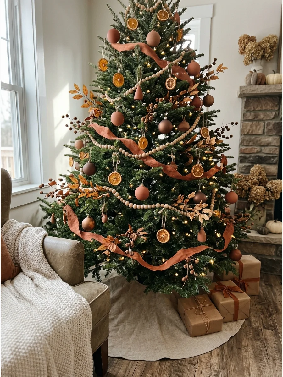 Green and Terracotta Fall Tree. Pair the natural green branches with terracotta, clay, rust, and warm brown ornaments. Add wooden beads, dried orange slices, and simple leaf sprays
