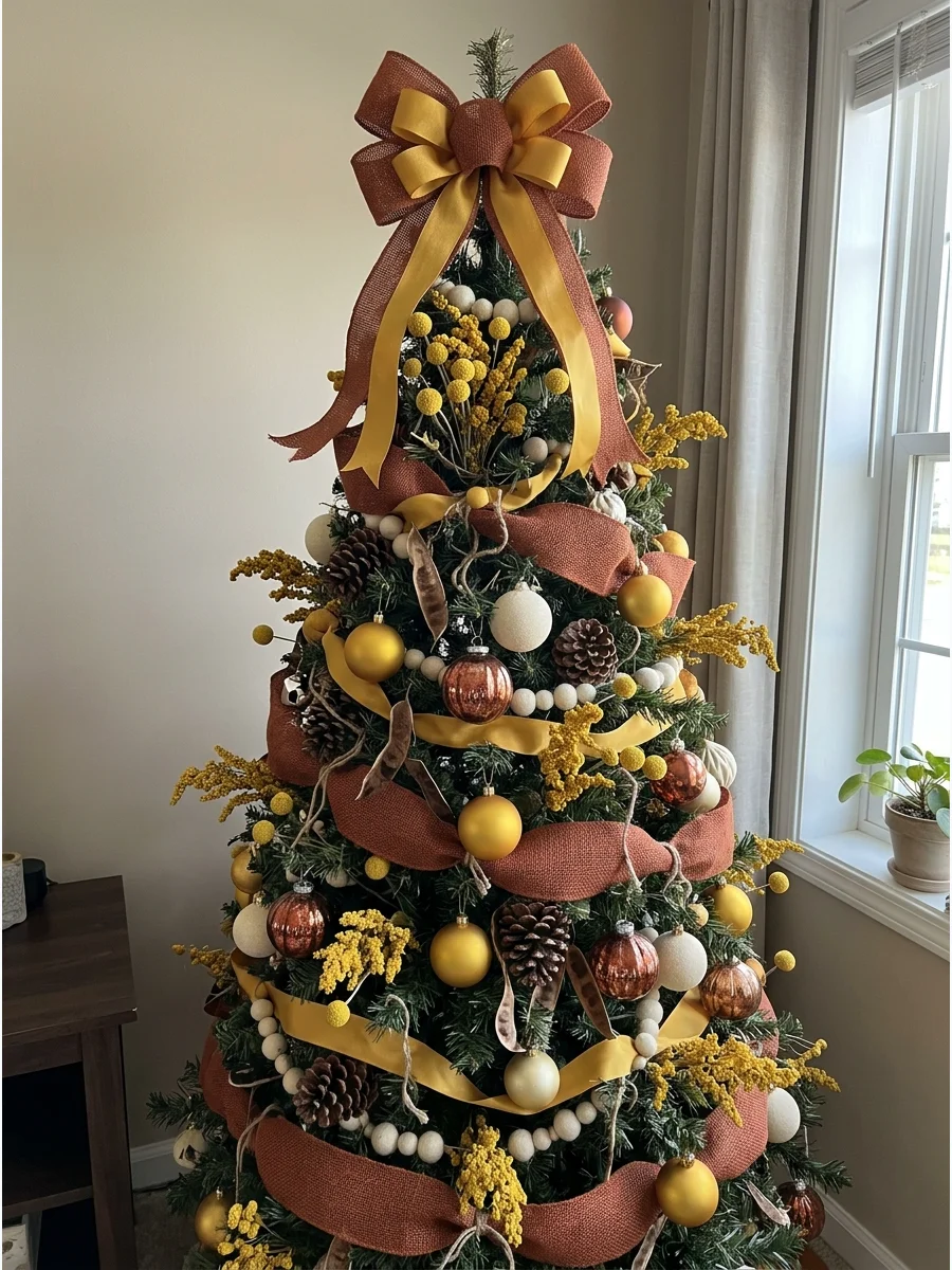 Mustard Yellow and Rust Tree. Combine mustard yellow flowers and ornaments with rust ribbon, brown accents, and cream decorations. These colors resemble late-autumn leaves and fiel