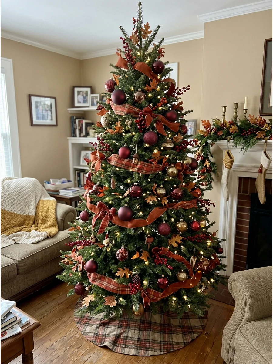 Traditional Red and Orange Autumn Tree. Mix deep red ornaments with burnt orange ribbon, fall leaves, berries, and warm gold details. The combination feels seasonal while also conn