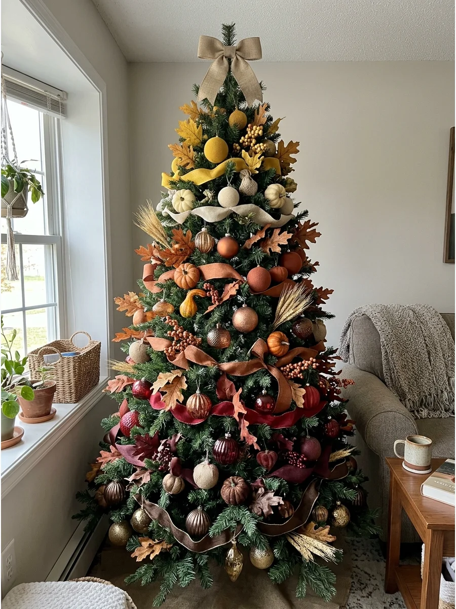 Autumn Rainbow Christmas Tree. Arrange fall decorations in sections moving from yellow to orange, rust, red, burgundy, and brown. Blend the colors gradually rather than creating ha