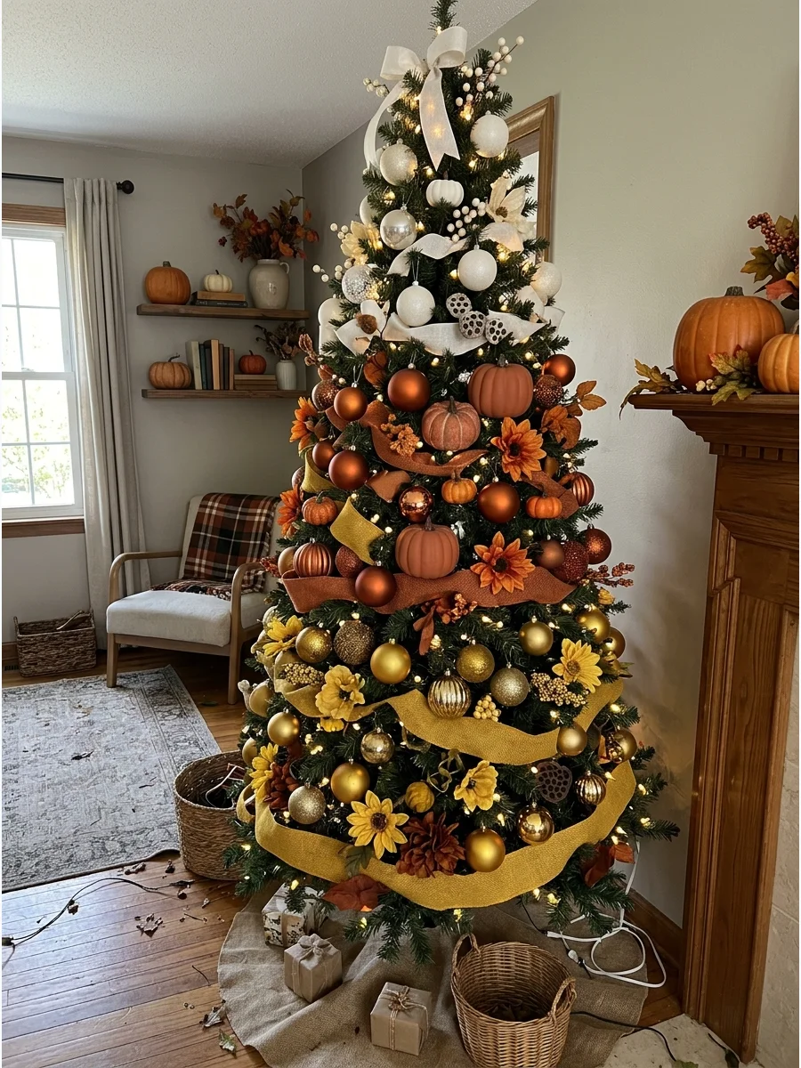 Fall Candy Corn Color Tree. Decorate the tree in layers of yellow, orange, and white inspired by candy corn. Use solid ornaments, ribbon, flowers, and small pumpkins. This cheerful