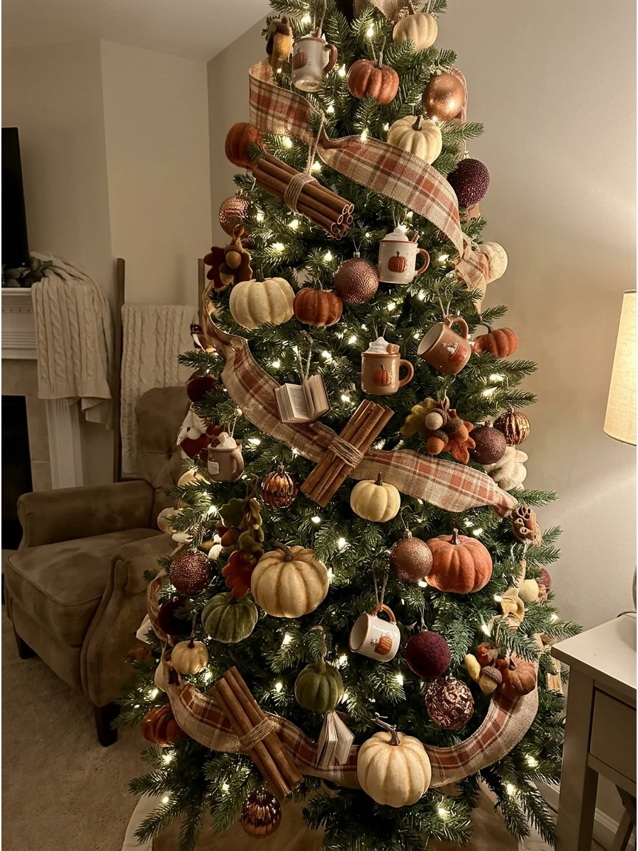 Pumpkin Spice Christmas Tree. Use cinnamon brown, creamy beige, burnt orange, and warm white as the main color palette. Decorate with small pumpkins, cinnamon sticks, plaid ribbon,