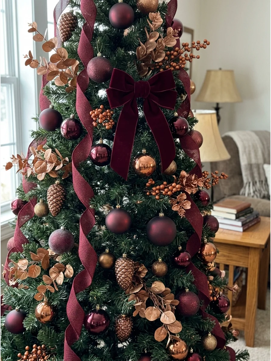 Elegant Copper and Burgundy Tree. Combine deep burgundy ornaments with copper ribbon, bronze leaves, berries, and antique gold accents. Use velvet, matte, and metallic finishes to