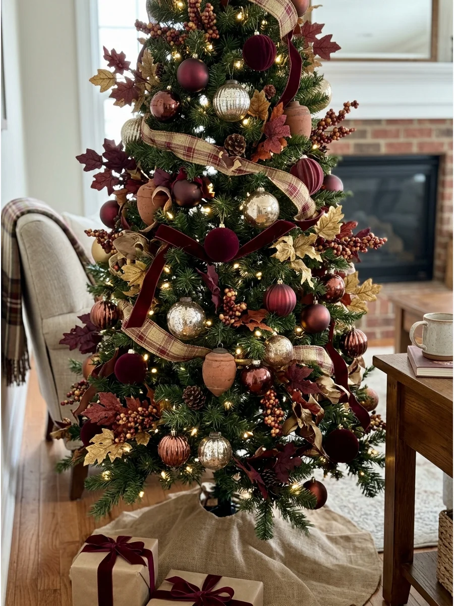 Burgundy and Gold Autumn Tree. Cover the tree with burgundy ornaments, gold leaves, warm metallic ribbon, and velvet flowers. Mix shiny ornaments with matte and textured pieces. Th