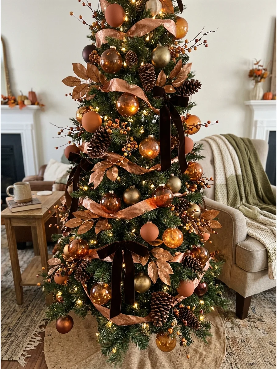 Amber and Bronze Fall Tree. Use amber-colored glass ornaments with bronze leaves, copper ribbon, and chocolate-brown details. The translucent ornaments will reflect the tree lights