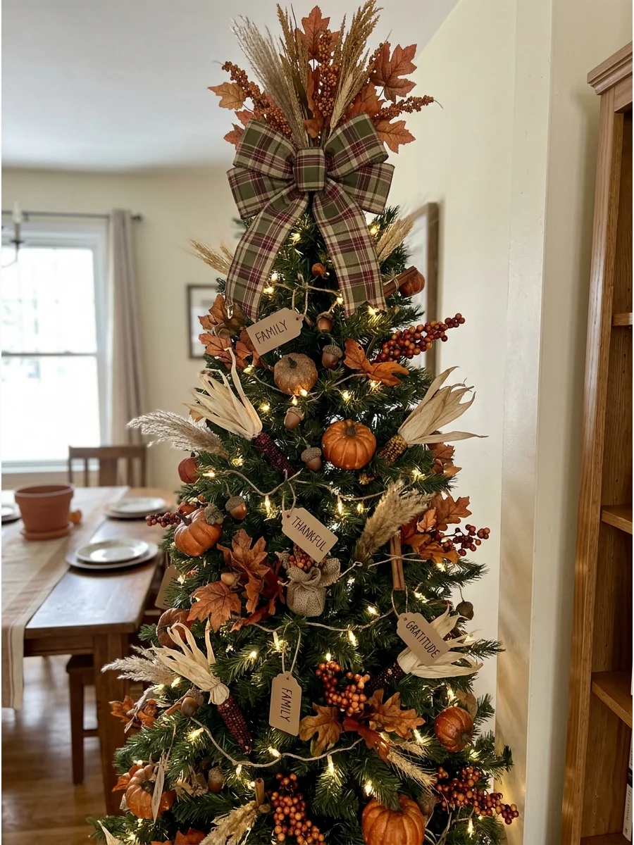 Thanksgiving Christmas Tree. Turn your tree into a Thanksgiving centerpiece with pumpkins, autumn leaves, acorns, corn husks, berries, and miniature harvest decorations. Use shades
