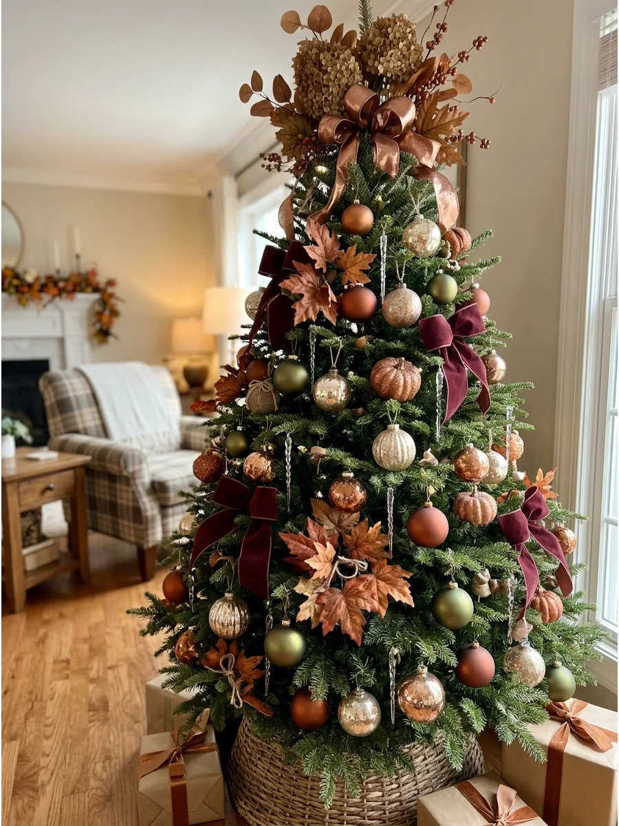 Glamorous Fall Christmas Tree. Combine champagne gold ornaments with bronze leaves, sparkling pumpkins, crystal-style details, and velvet ribbon. Use generous warm lighting to emph