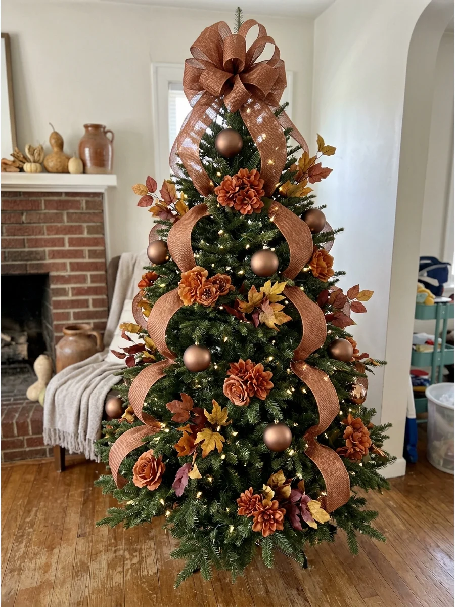 Copper Ribbon Cascade Tree. Run wide copper ribbon vertically from the top of the tree toward the bottom. Tuck the ribbon into the branches at regular intervals to create soft wave