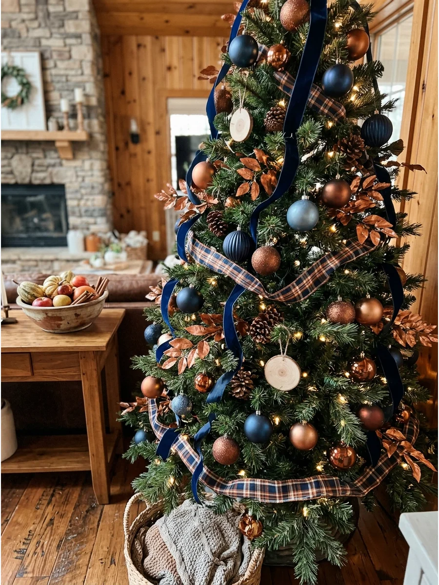 Blue and Copper Fall Tree. Combine deep navy or dusty blue ornaments with copper, bronze, and rust accents. This unexpected palette feels sophisticated while still complementing au