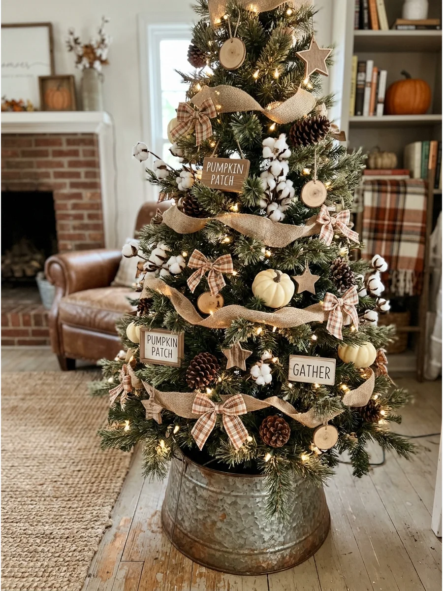 Rustic Farmhouse Fall Tree. Decorate with burlap ribbon, wooden ornaments, cotton stems, pinecones, plaid bows, and cream pumpkins. Use tan, brown, muted orange, and warm white. Pl