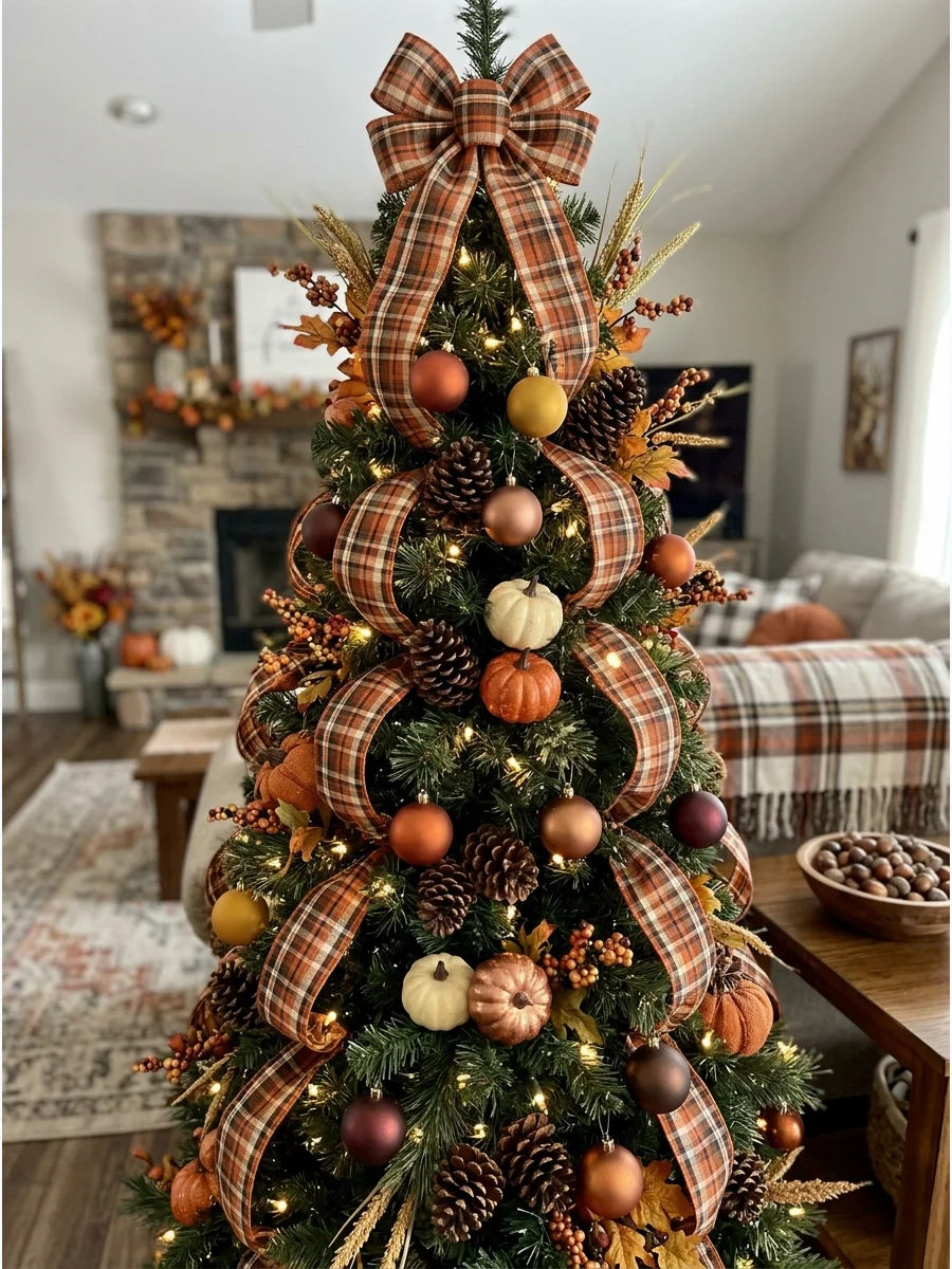 Plaid Ribbon Fall Tree. Make orange, brown, cream, or black plaid ribbon the main feature. Weave it through the branches in loose vertical or diagonal sections. Pair the ribbon wit