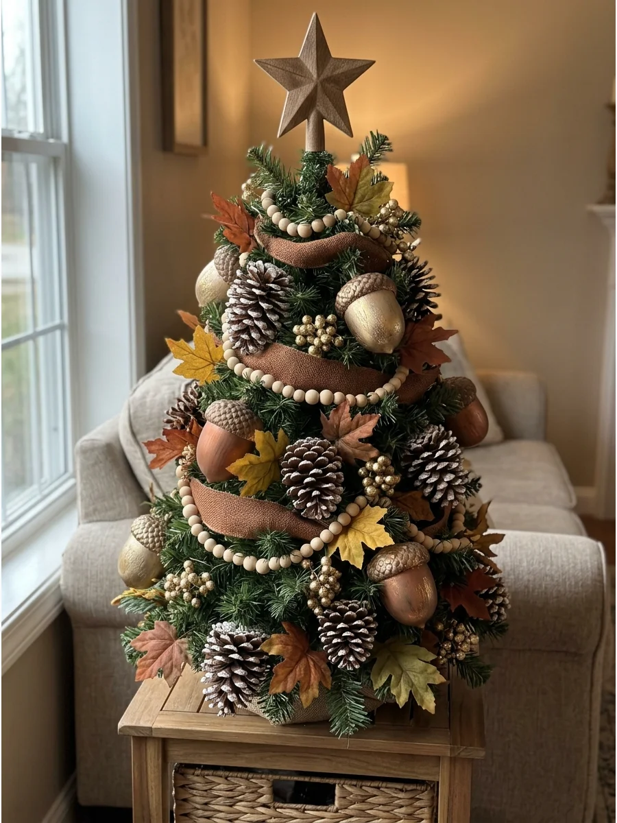 Pinecone and Acorn Christmas Tree. Cover the tree with natural or artificial pinecones and oversized acorn ornaments. Add brown ribbon, wooden beads, leaves, and muted gold accents