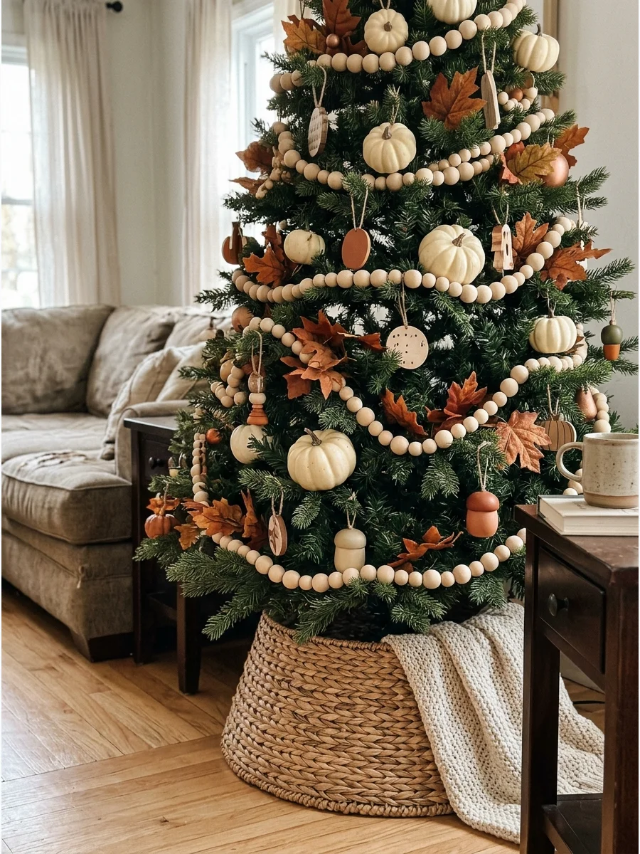 Fall Tree With Wooden Bead Garland. Wrap natural wooden bead garland around the tree instead of traditional tinsel. Decorate the remaining branches with cream pumpkins, rust leaves