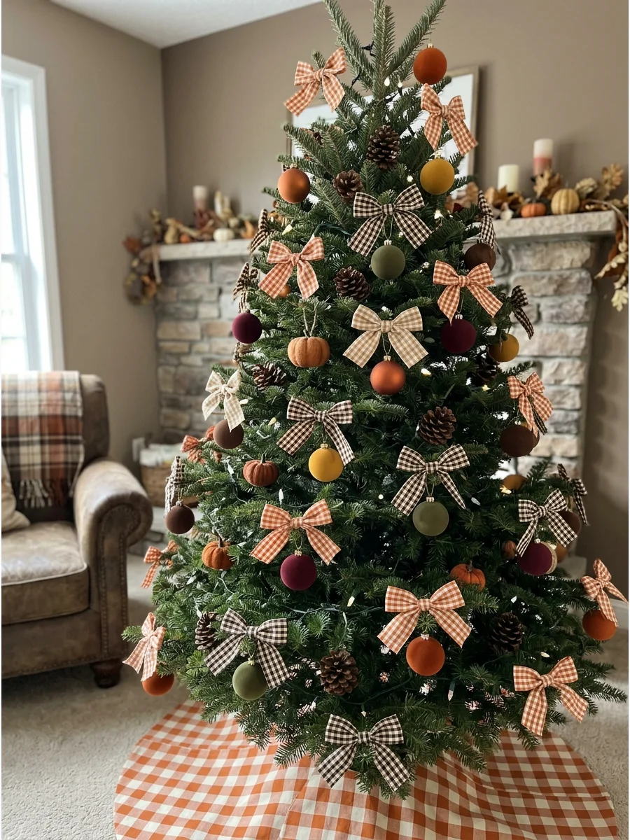 Fall Tree With Gingham Bows. Tie small gingham bows to the branch tips using orange, cream, brown, or black fabric. Add pinecones, pumpkins, and solid-colored ornaments. Repeat the