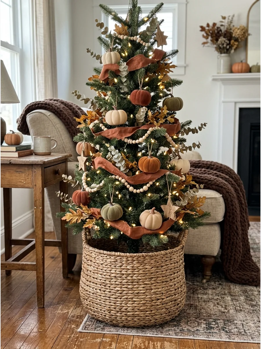 Fall Tree in a Woven Basket. Place the base of the tree inside a large woven basket. Decorate the branches with neutral pumpkins, rust ribbon, leaves, and natural wood ornaments. T