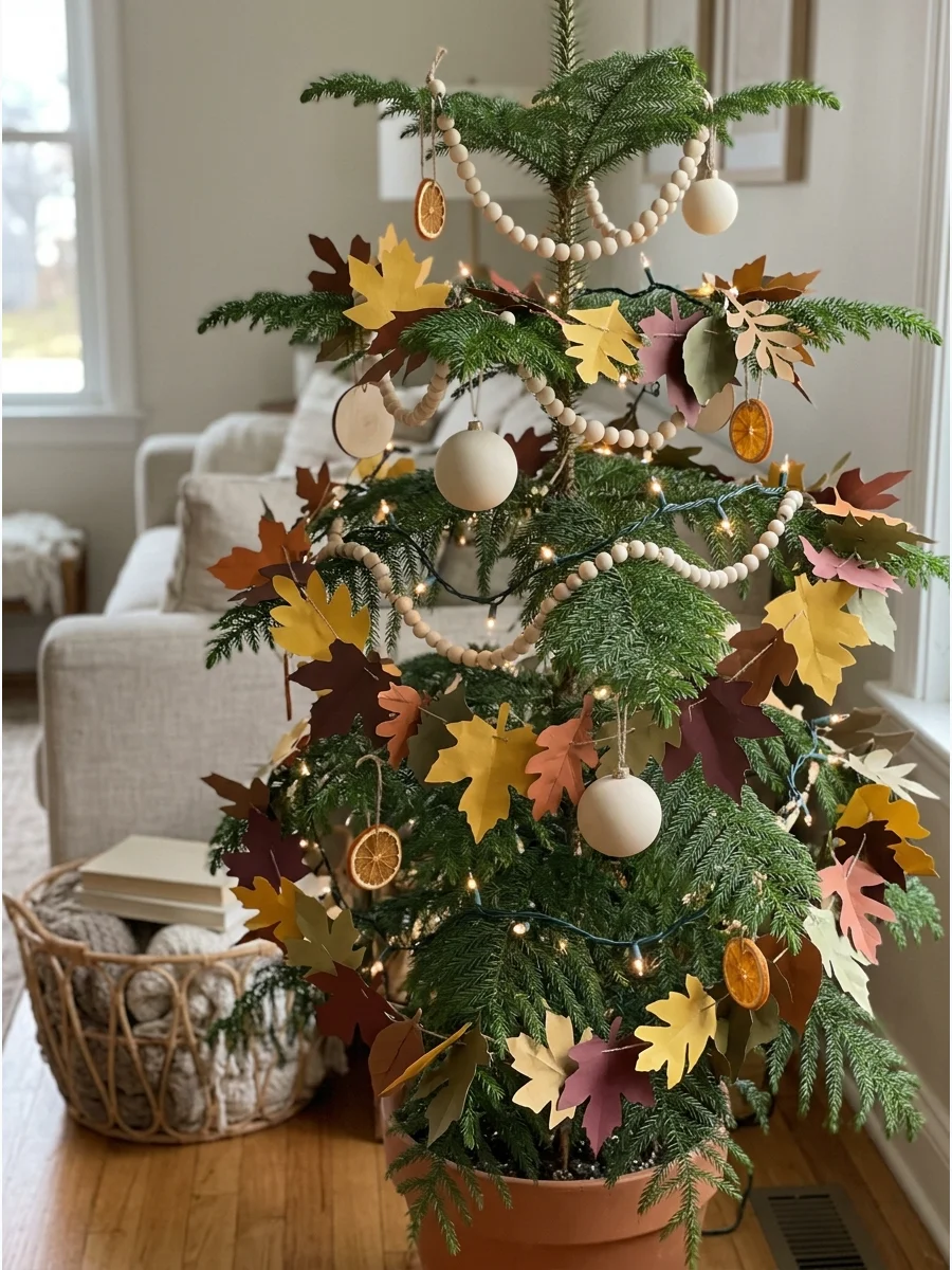 Fall Tree With Paper Leaf Garland. Create or buy a garland made from paper leaves in mustard, rust, burgundy, and brown. Wrap it loosely around the tree. Combine the garland with s