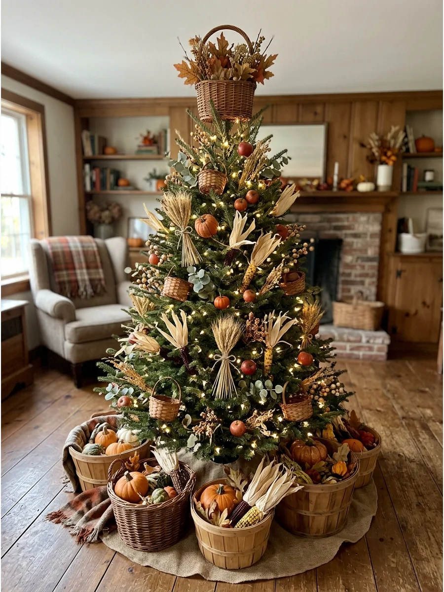 Harvest Basket Christmas Tree. Decorate the tree with miniature baskets, wheat stems, corn husks, pumpkins, apples, and dried-looking grasses. Use muted natural colors to create an