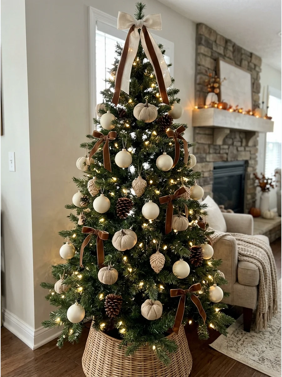 Neutral Cream and Brown Fall Tree. Decorate with cream ornaments, beige fabric pumpkins, brown velvet ribbon, pinecones, and natural wood decorations. Use warm lights to prevent th