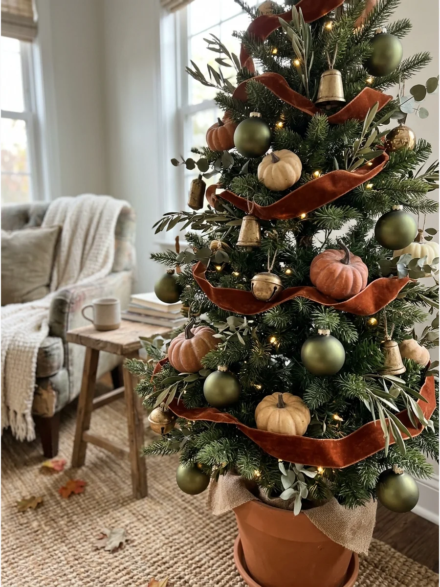 Olive Green and Rust Tree. Combine olive green ornaments with rust ribbon, muted pumpkins, and antique gold decorations. Use velvet and matte finishes to keep the palette soft. Add