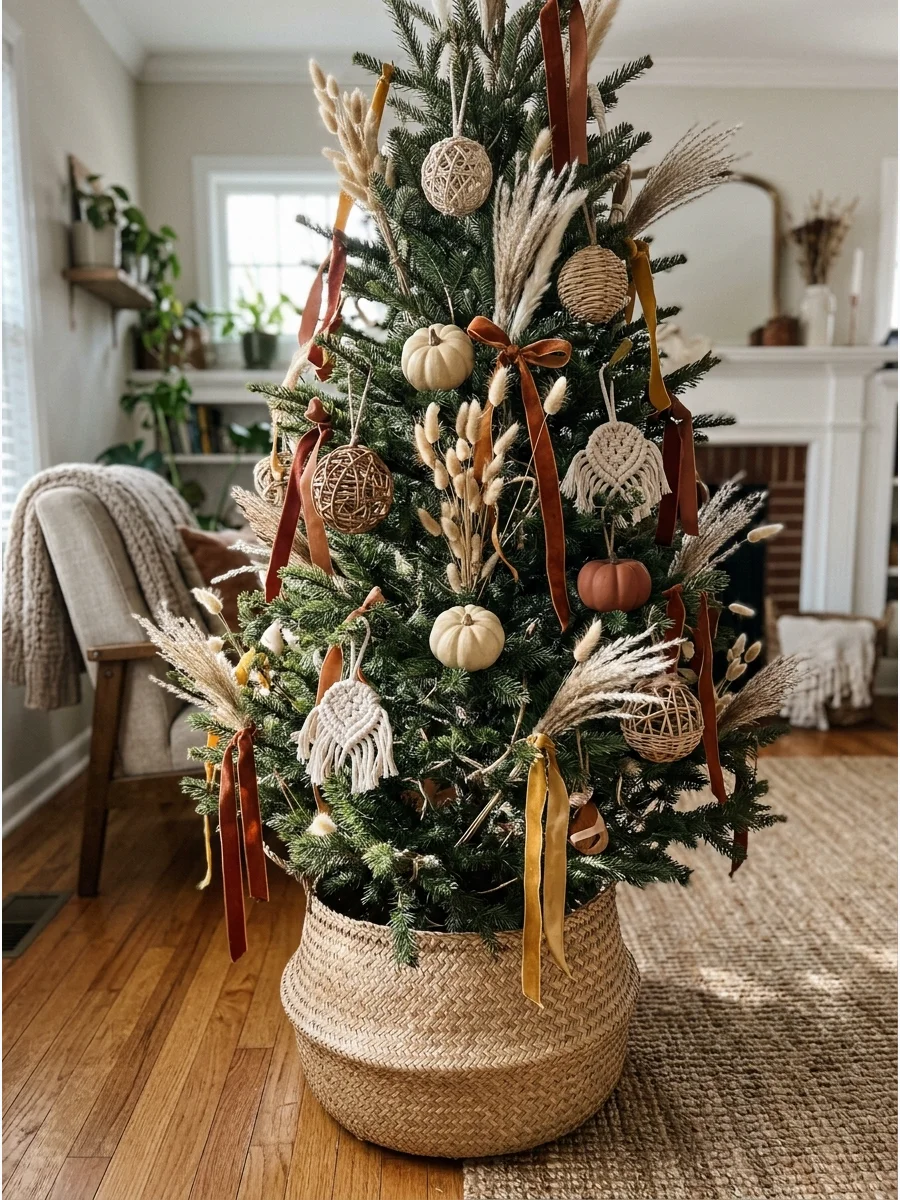 Boho Fall Christmas Tree. Use dried-looking grasses, wooden beads, woven ornaments, tassels, neutral pumpkins, and rust-colored ribbon. Keep the arrangement loose and slightly asym