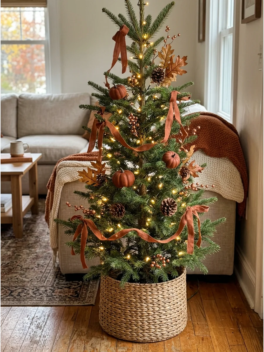 Minimalist Fall Christmas Tree. Use warm lights, a small number of pumpkins, a few leaf sprays, and one simple ribbon color. Leave generous areas of greenery visible. Choose one ma