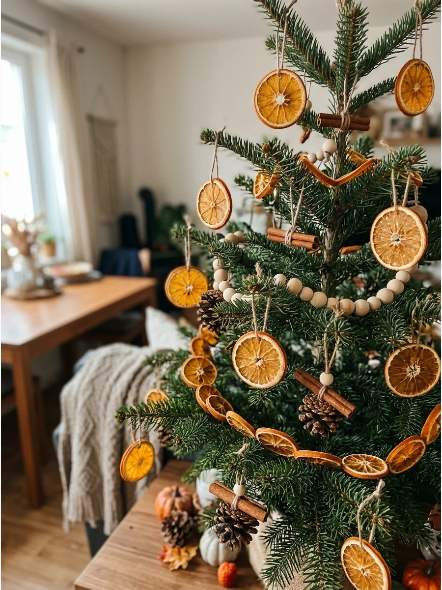 Fall Tree With Dried Orange Slices. Hang dried orange slices using twine or narrow ribbon. Combine them with cinnamon sticks, pinecones, wooden beads, and natural greenery. Add a d