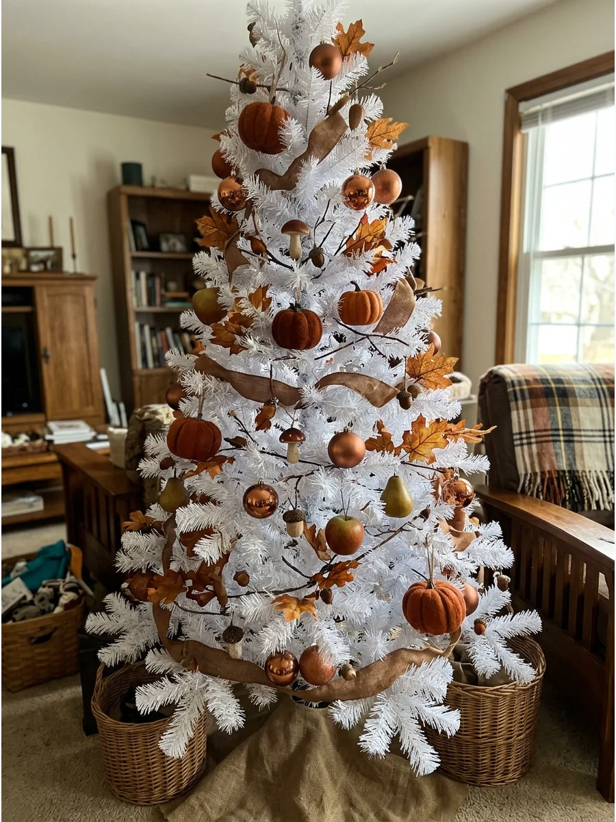 White Fall Christmas Tree. Decorate a white artificial tree with orange pumpkins, copper ornaments, brown ribbon, and warm fall leaves. The white branches will make each autumn sha