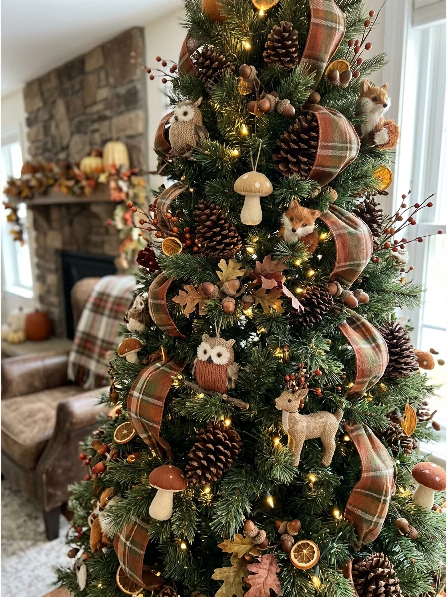 Woodland Fall Tree. Decorate with pinecones, acorns, mushrooms, owls, foxes, deer, and branch picks. Use brown, moss green, cream, and rust. Tuck the animal ornaments between the b