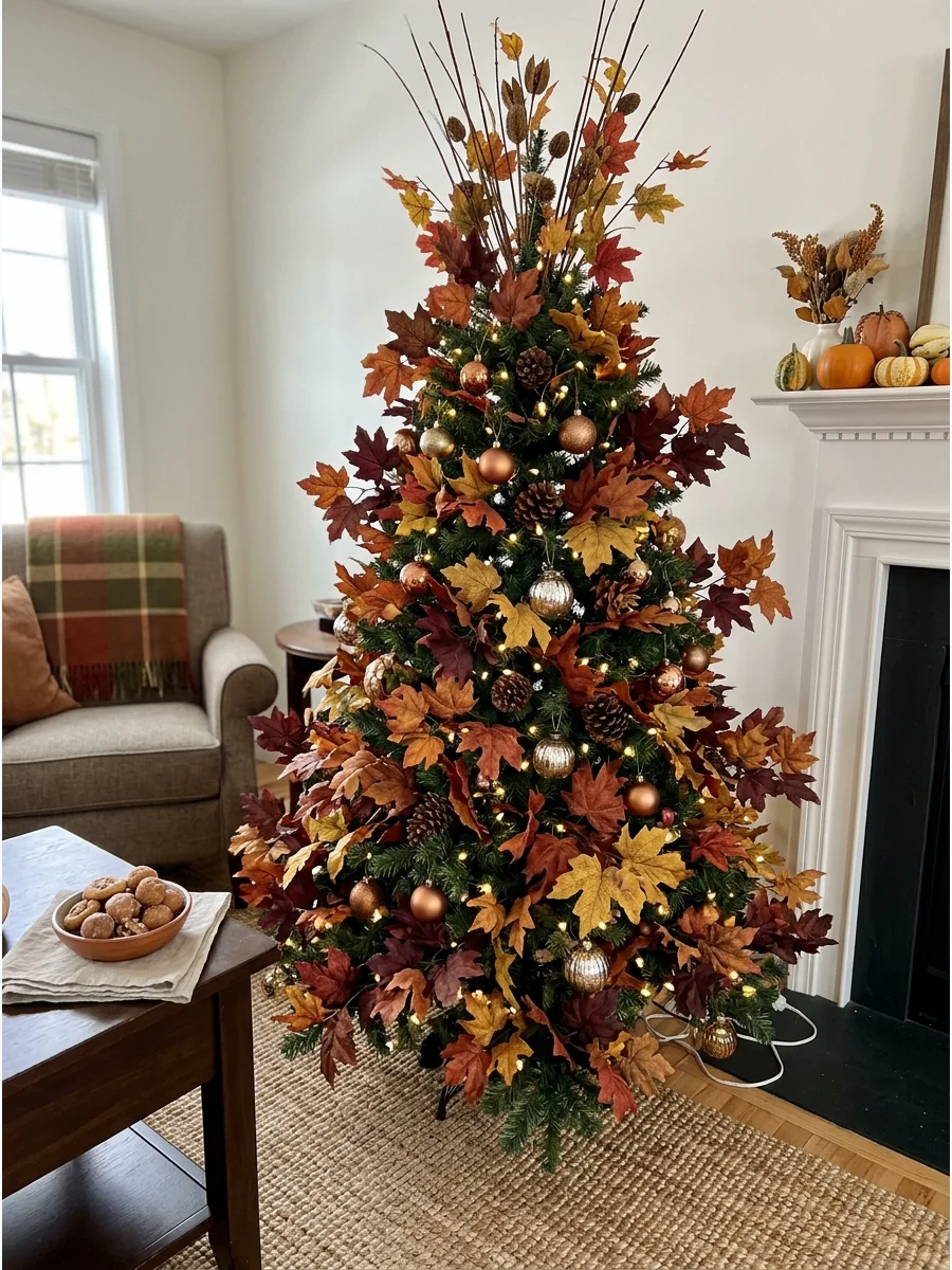 Maple Leaf Christmas Tree. Cover the tree with artificial maple leaves in yellow, orange, burgundy, and red. Arrange them in clusters to resemble naturally changing branches. Add s