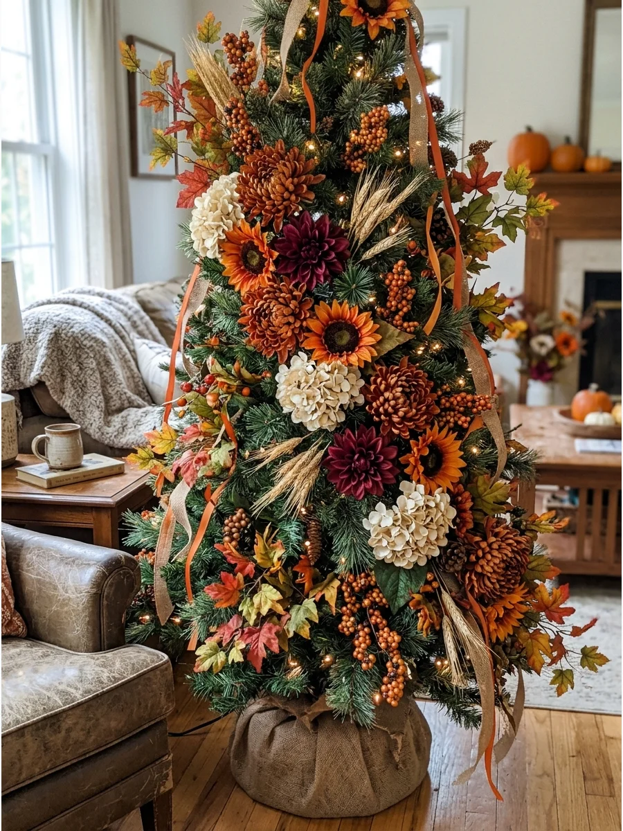 Fall Floral Christmas Tree. Decorate with oversized chrysanthemums, dahlias, sunflowers, hydrangeas, berries, and autumn foliage. Use rust, cream, mustard, burgundy, and muted oran