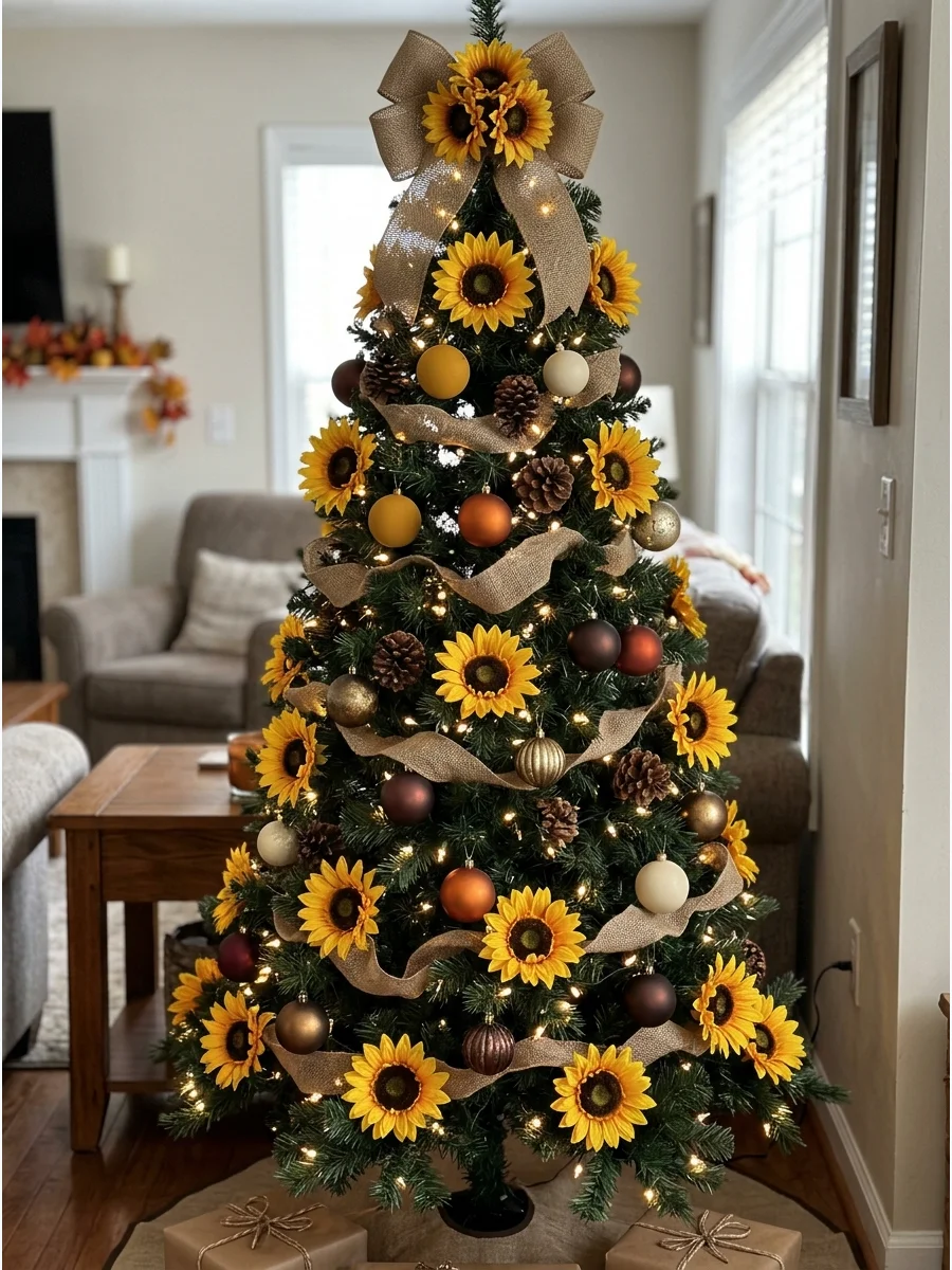 Sunflower Fall Christmas Tree. Place large artificial sunflowers evenly from the top to the bottom of the tree. Combine them with yellow, brown, cream, and gold ornaments. Add burl