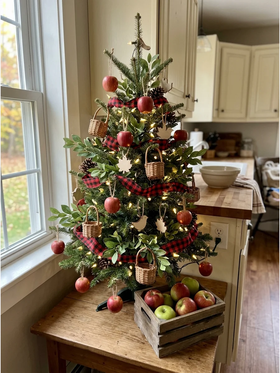 Apple Orchard Fall Tree. Use realistic red apples, small baskets, green leaves, wooden ornaments, and red plaid ribbon. Add pinecones and warm white lights for a cozy orchard-inspi