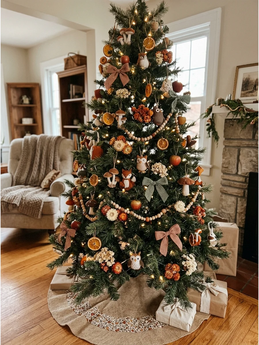 Cottagecore Fall Tree. Use mushrooms, woodland animals, dried-looking flowers, gingham bows, apples, wooden beads, and handmade ornaments. Choose soft red, cream, brown, and forest