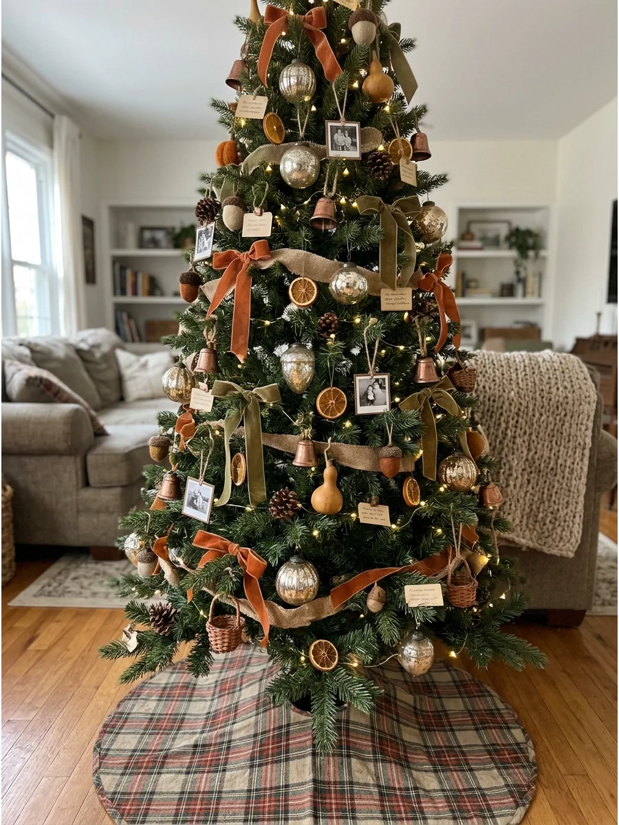 Vintage Autumn Christmas Tree. Decorate with antique-style ornaments, faded ribbon, small bells, warm gold accents, and vintage-inspired fall decorations. Choose muted shades rathe