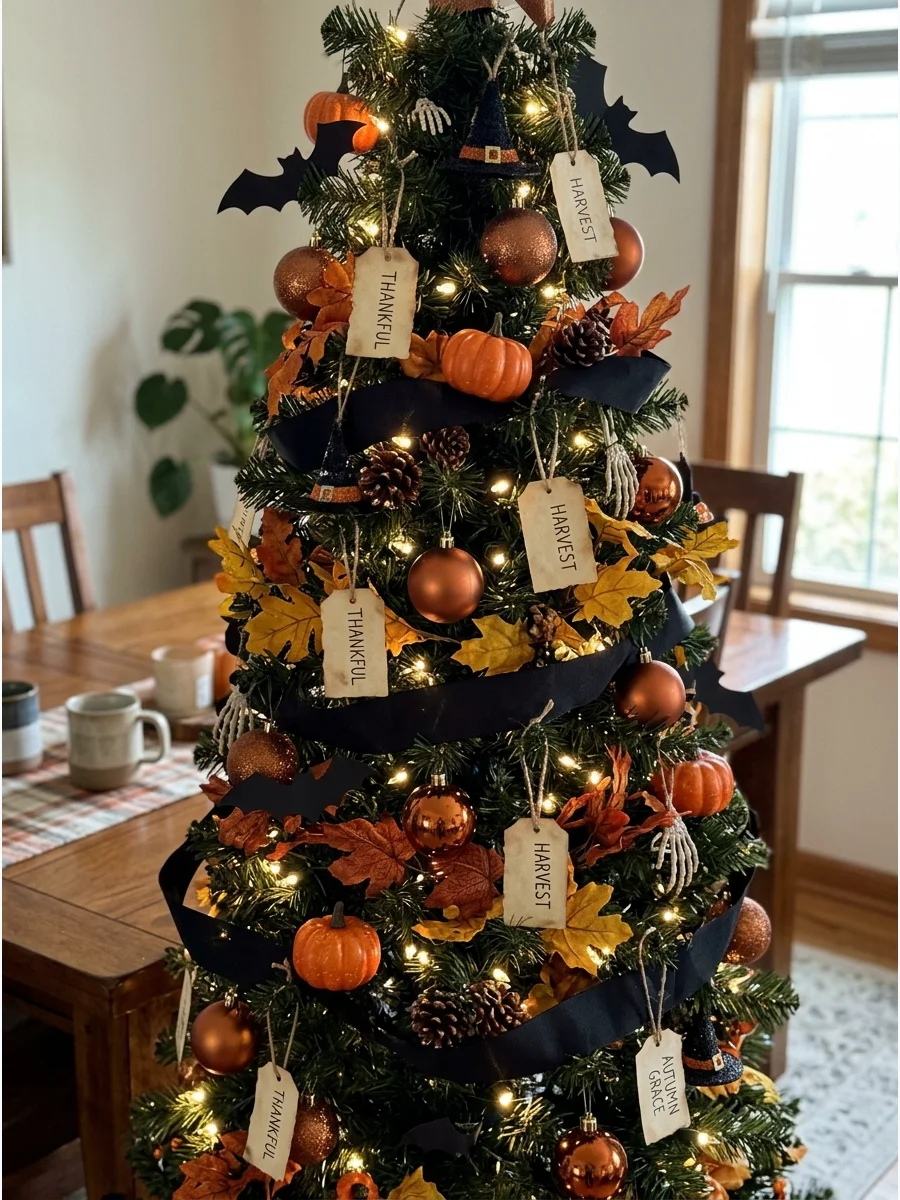 Black and Orange Halloween-to-Fall Tree. Start with black, orange, and copper decorations. Add pumpkins, black ribbon, bats, and subtle Halloween ornaments. After Halloween, remove