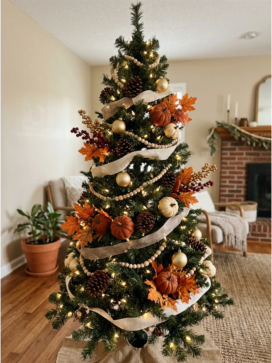 Fall-to-Christmas Transitional Tree. Begin with warm lights, gold ornaments, pinecones, wooden beads, and neutral ribbon. Add pumpkins, orange leaves, and rust accents for fall. Af