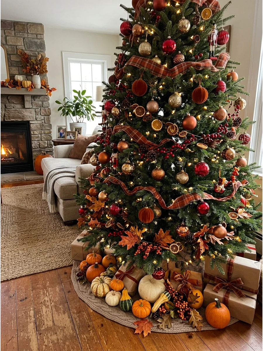 Traditional Red Fall-to-Christmas Tree. Decorate with red, orange, and gold ornaments during fall. Add pumpkins, maple leaves, and autumn ribbon. When Christmas approaches, remove