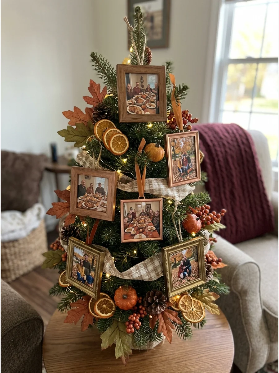 Family Photo Fall Tree. Hang small framed photographs from previous autumns, Thanksgiving celebrations, and family gatherings. Use frames in wood, copper, or antique gold. Surround