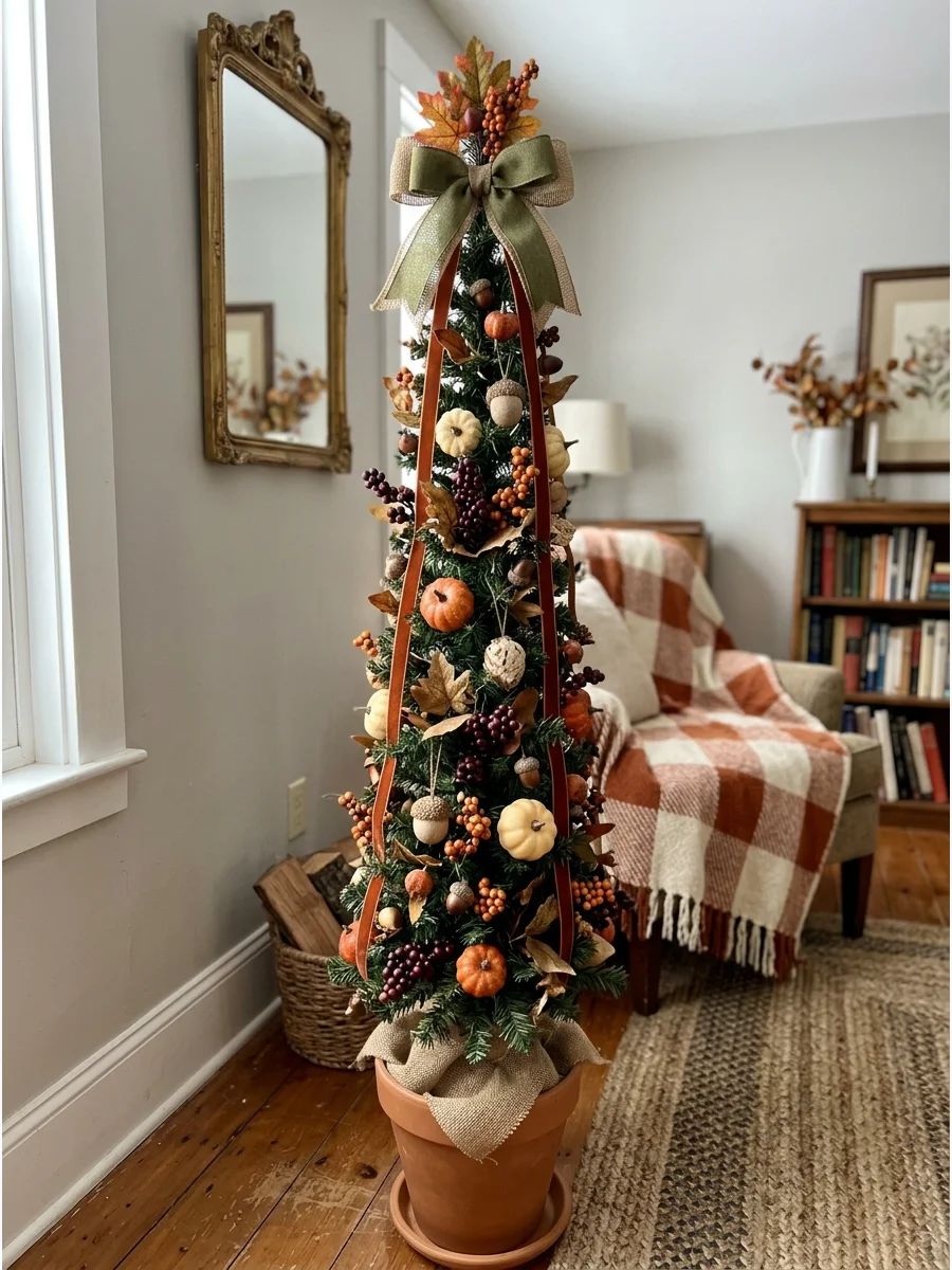 Fall Pencil Christmas Tree. Decorate a slim pencil tree with small pumpkins, berries, leaves, ornaments, and narrow ribbon. Avoid oversized decorations that could overwhelm the tre