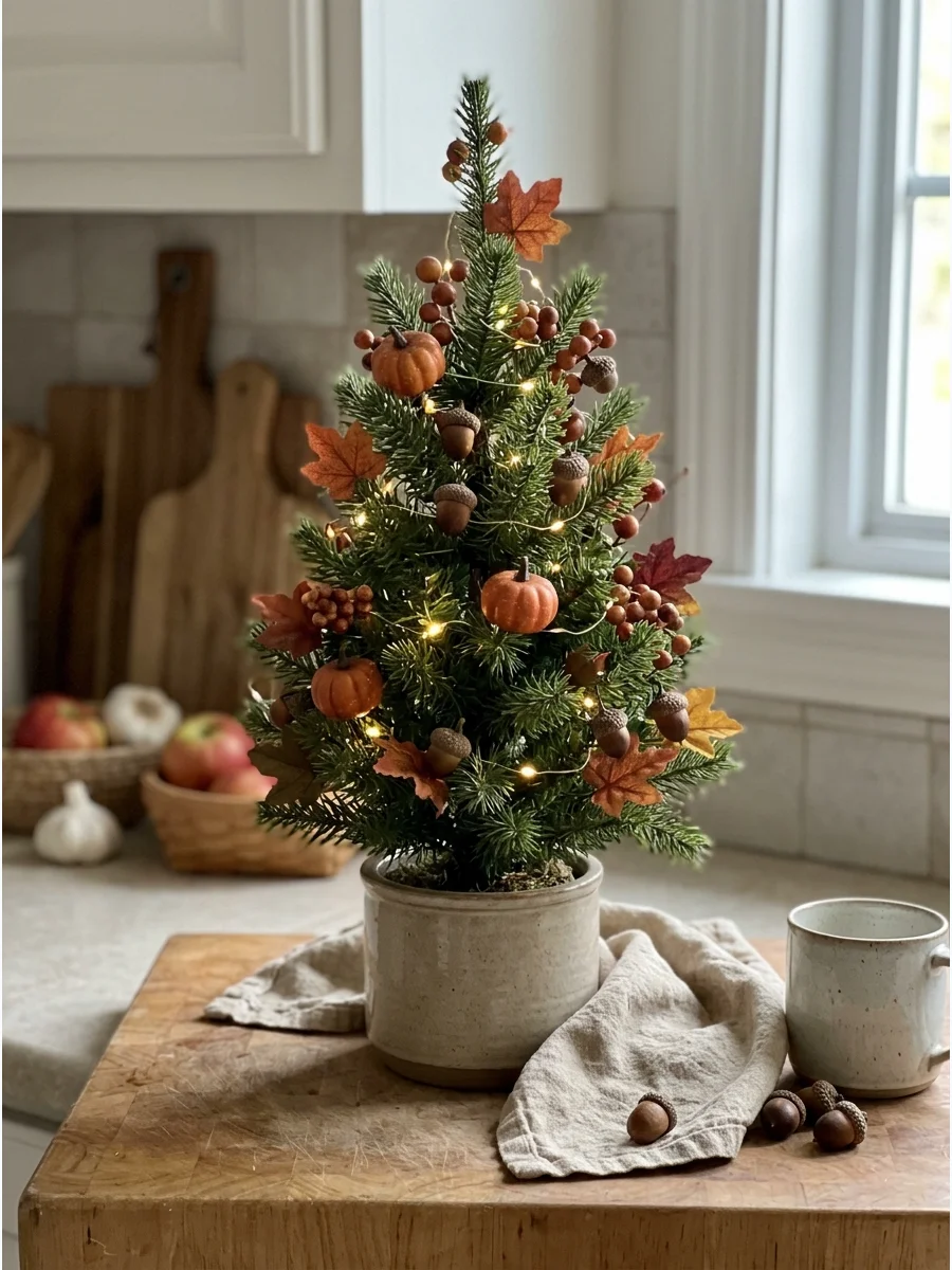 Small Tabletop Fall Tree. Decorate a miniature tree with tiny pumpkins, acorns, berries, leaves, and warm micro lights. Place it on a console table, kitchen counter, desk, or night