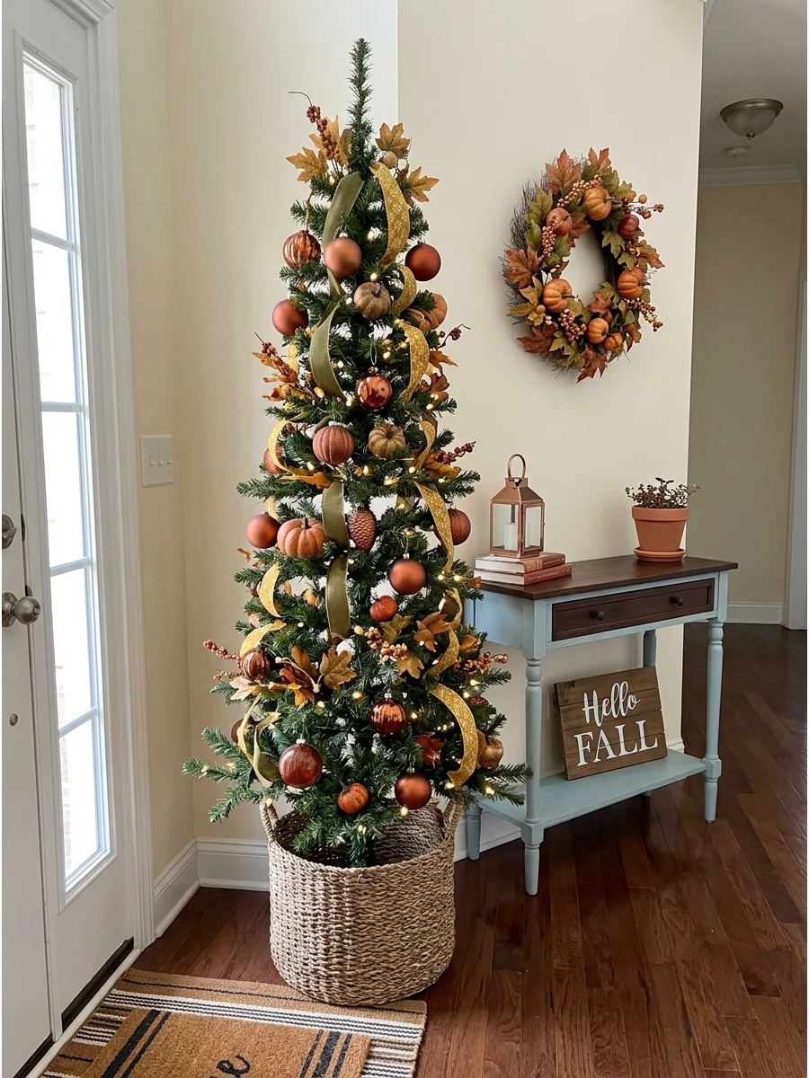 Entryway Fall Christmas Tree. Place a slim tree in an entryway and decorate it with leaves, pumpkins, ribbon, and warm lights. Keep the branches relatively simple so the tree does