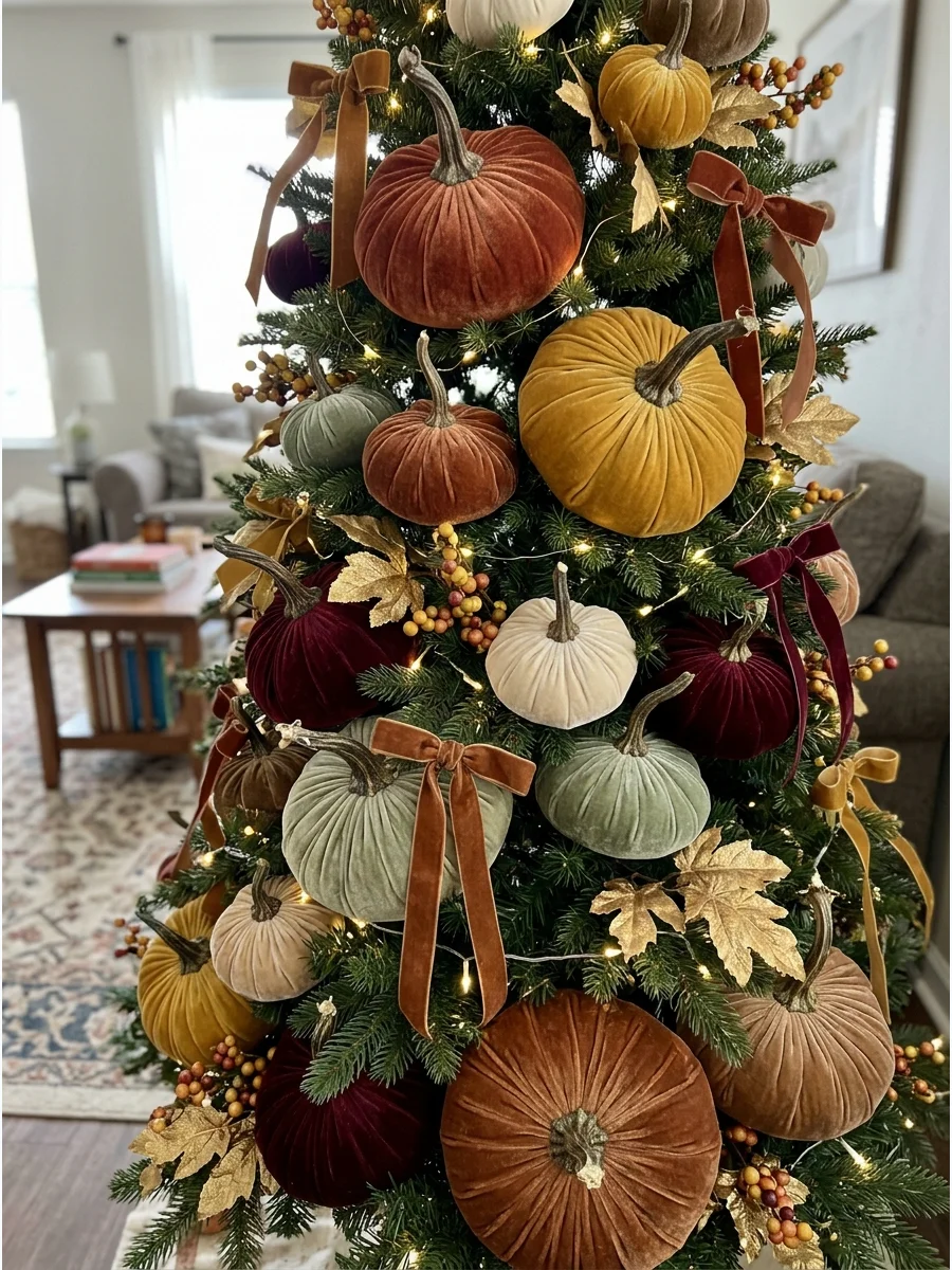 Fall Tree With Velvet Pumpkins. Make velvet pumpkins the main feature of the tree. Choose pumpkins in rust, mustard, burgundy, sage, cream, and warm brown. Mix several sizes and pl