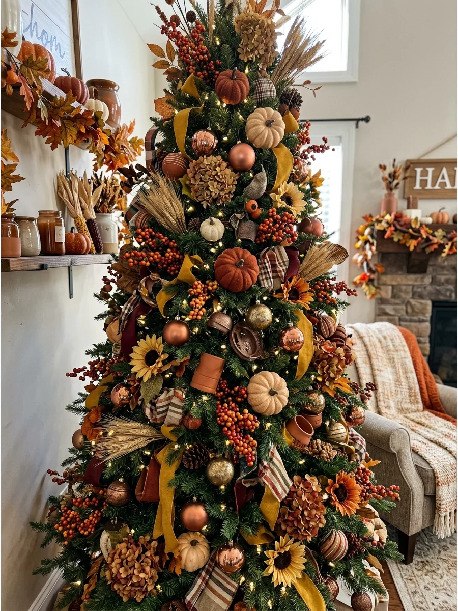 Maximalist Harvest Tree. Fill the tree generously with pumpkins, flowers, berries, leaves, ribbon, ornaments, wheat, and harvest picks. Layer decorations from the inner branches to