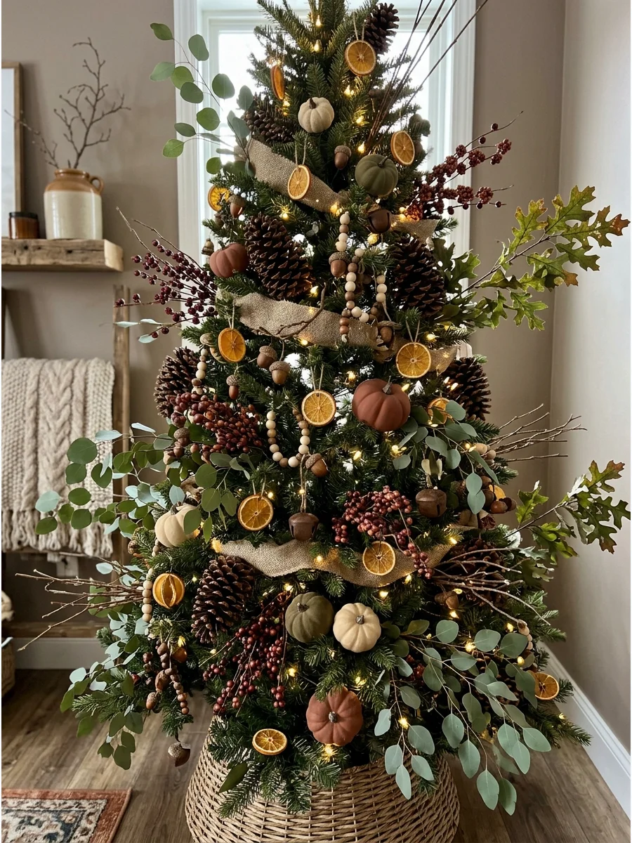 Natural Woodland Harvest Tree. Combine pinecones, acorns, branches, berries, dried orange slices, wooden ornaments, and muted pumpkins. Use brown, green, rust, cream, and small tou