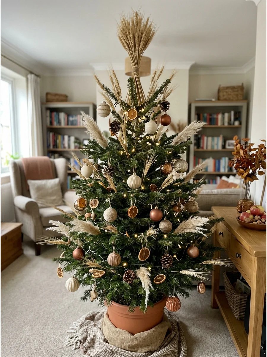 Fall Tree With Wheat and Pampas Grass. Insert wheat stems, dried-looking grasses, and small pampas plumes between the branches. Add cream, tan, rust, and muted gold ornaments. Let