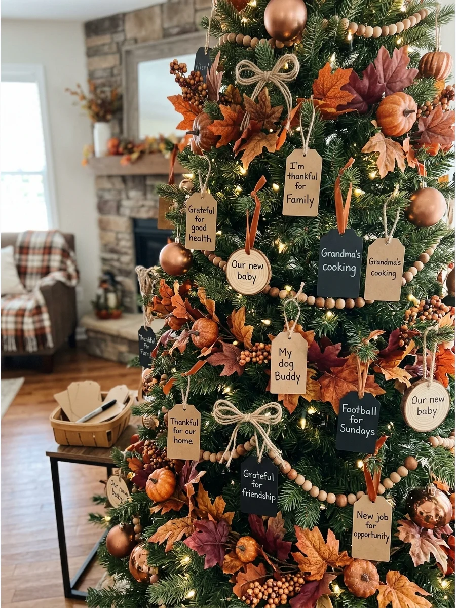 Thankful Message Fall Tree. Create paper, wooden, or chalkboard-style tags where family members can write things they are thankful for. Hang the messages throughout the tree using