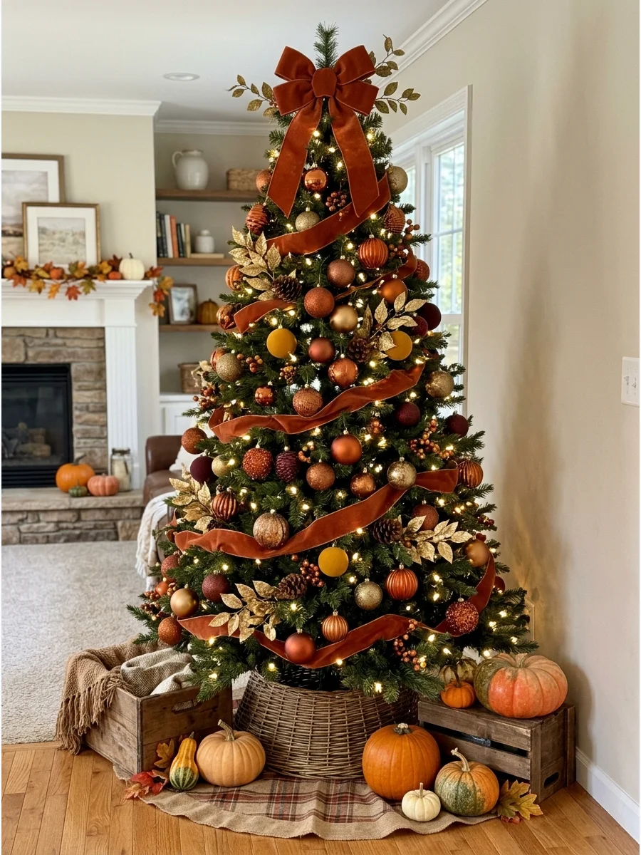 Burnt Orange and Gold Fall Christmas Tree. Decorate a green tree with burnt orange ornaments, antique gold baubles, and wide velvet ribbon. Mix shiny, matte, and textured finishes