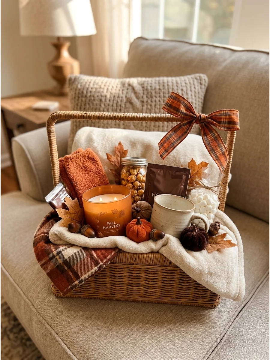 A woven basket filled with a cream blanket and orange socks on a couch.